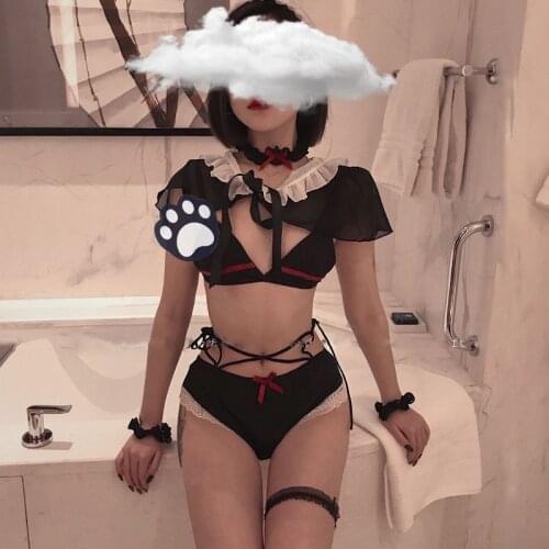 Kawaii Anime Bikini Set Pleated Lace Underwear Lingerie Set Costume Cosplay Womens Sexy Costume Lolita Cute Maid Uniform