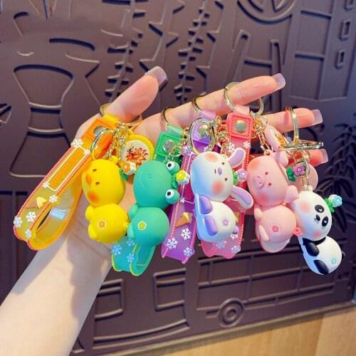 Cute Cartoon Key Chain Silicone Lying Panda Frog Pink Duck Rabbit Doll Car Key Ring Women Bag Charm Toy Pendant