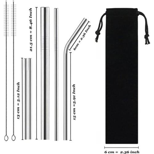 Reusable Metal Drinking Straws Set of 9 Pcs 304 Stainless Steel Sturdy Bent Straight Drinks Straw With Bursh Portable Bag