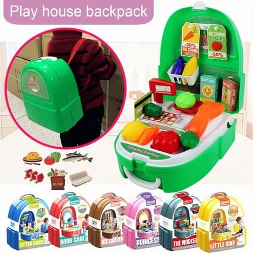 New Children Simulation Kitchen Tableware Makeup Cashier Tool Set Backpack Box Play House Toys