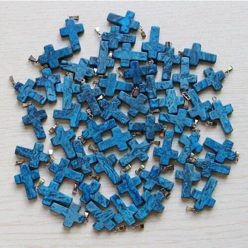 Fubaoying Cross Pendant Charm Necklace Men Wholesale 30pcs/lot Natural Blue Agates Stone For Jewelry Women