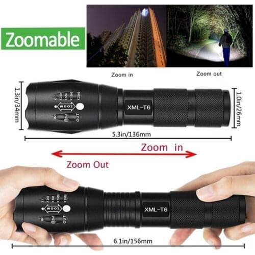 1Pc High Quality Black T6 Tactical Military LED Flashlight 980000LM Zoomable 5-Mode Without Battery Outdoor Portable Tools