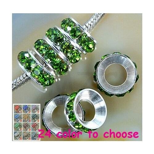 Rhy5dt 12mm Light Green Rhinestone Crystal Rondelle Spacer Beads Lot,Rhodium Plated Big Hole European Beads