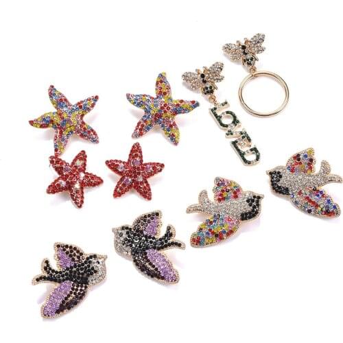 Luxury Full Rhinestone Drop Earrings Women Cute Animal Birds Bee Tortoise Starfish Design Long Hanging Earrings ZA Jewelry 2019