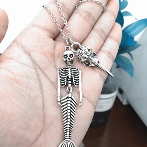 Mermaid Skeleton Crow Head Bird Skull Metal Alloy Pendant Halloween Necklace Steampunk DIY Handmade Jewelry Gift For Women