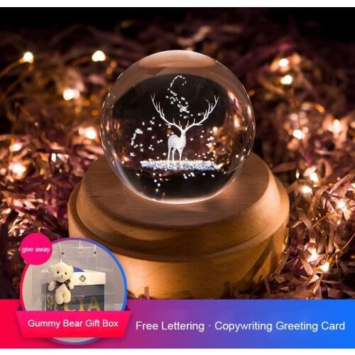 LED Night Light 3D Simulation Creative Gift Wooden Music Box Transparent Crystal Ball Music Box Constellation Lamp