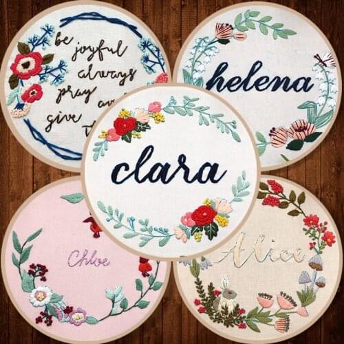 Creative DIY Beginner Embroidery Kit Fabric Threads Material Bag Artistic Floral Plant Letters Sewing Needlework Tools with Hoop