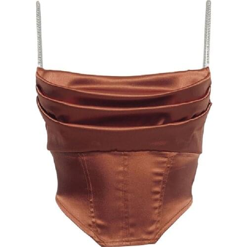 Crystal Diamante Cropped Bustier Cami Top Stacked Satin with Full Lined Women Sexy Club Wear Outfits Corset Tops