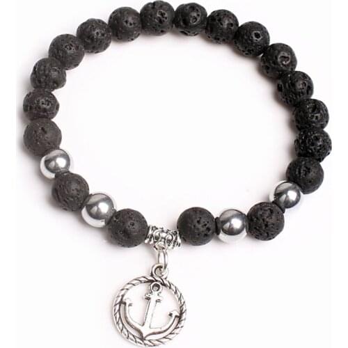 FYJS Unique Silver Plated Anchor Connect Black Lava Stone Elastic Bracelet Modern Accessories