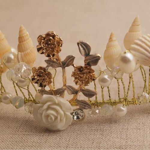 Vintage Gold Pearl Leaf Bridal Tiara Crystal Crown Hairband Headpiece Tiara Wedding Hair Accessories Bride Headband Conch Shell