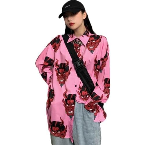 Womens Blouse Korean Spring Autumn Shirt Harajuku Style Strange Print Cool Girl Long-sleeved Top Female 156b
