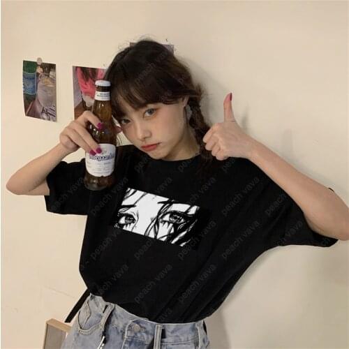 Harajuku Fun Japanese Anime Crying Girl Print T-Shirt Tops Dark Large Size Loose Fashion Vintage Personality Womens T-Shirt