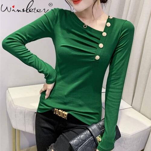 Spring Fall European Clothes Solid T-Shirt Fashion Sexy Skew Collar Button Drape Women Cotton Tops Long Sleeve Tees 2021 T18625A