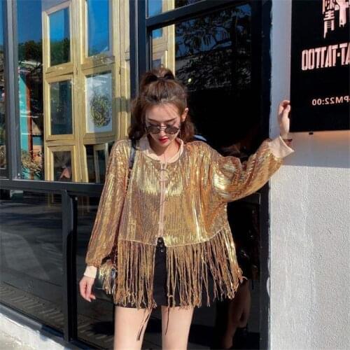 2021 Spring Short Coat Women Jackets Fashion Sequin Tassels Long-Sleeve Stage Clothes Female Streetwear Loose Outerwear H1448