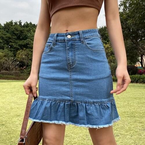 Ladies Summer Temperament Pleated Bust Skirt Retro Style Fishtail Tassel Denim Stitching Solid Color Slim Short Skirt