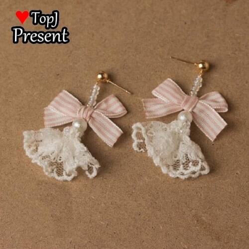 Woman girl hand made bow Ear Studs FAIRY PINK series love Little skirt tassel soft girl Lolita Ear Studs