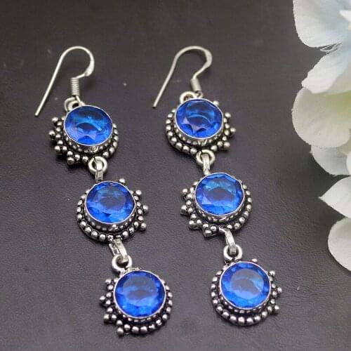 Hermosa Rare Unique Ocean BlueTopaz Earrings For Women 2 3/4 Inch A826