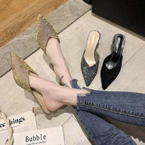 Half Drag Womens High Heel Thin Heel Pointed Wrinkled Face Slippers New Korean Fashion Womens Shoes In Spring and Summer