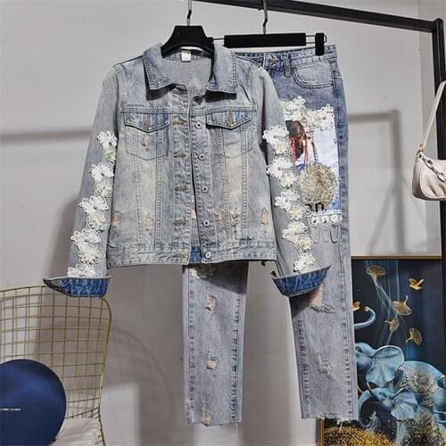 2021 Spring Autumn New Women Suit Embroidery Short Long Sleeve Denim Coat + Straight Jeans Two Piece Set Ladies Clothes H1070