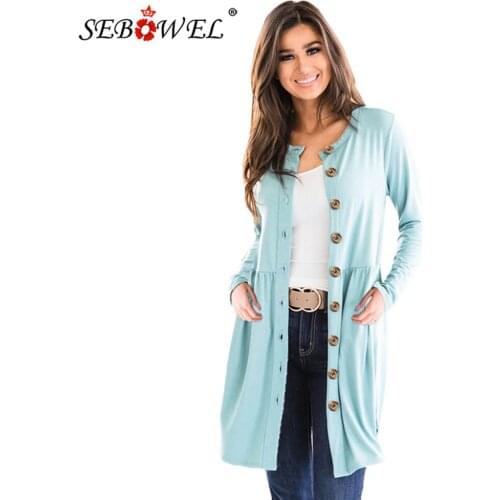 SEBOWEL Knitted Long Sleeve Womens Cardigan Autumn Casual V-neck Single-breasted Top Clothes Female Long Knittwear Coats S-XXL