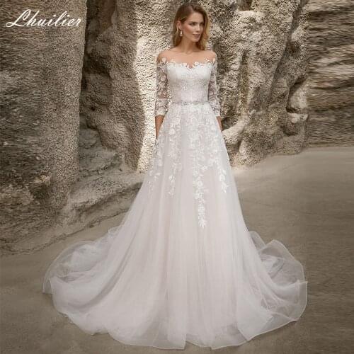 Lhuilier Womens A-line Lace Appliques Wedding Dresses Floor Length 3/4 Sleeves Beaded Chapel Train Tulle Bridal Gowns