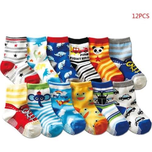 12 Pairs/ Pack Kids Socks Assorted Non-Skid Ankle Cotton Pattern Socks with Grip Baby Clothes Accessories Cute Boy Toddler Sock