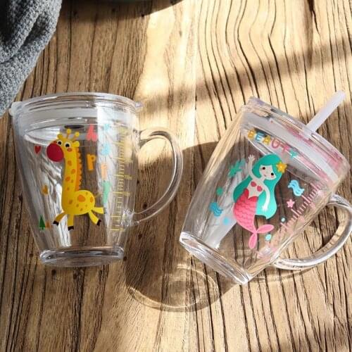 350ml household children tempered glass milk cup with scale and handle glass cup straw cup water cup sealed and leak-proof