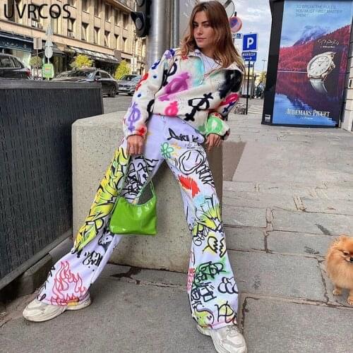 UVRCOS Harajuku Painting Graffiti Spray Paint Printed Wide Leg Pants Trendy Clothes For Women Summer 2021 New Street Style Pants