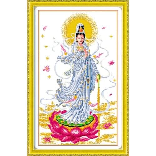 Buddhist Guanyin sitting on lotus cross stitch kits 11CT Printed Canvas Embroidery DIY Handmade Needlework Wall Home Decor