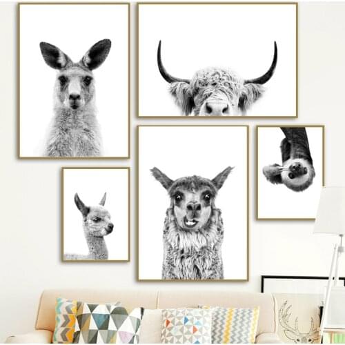 Black White Animals Wall Art Canvas Painting Alpaca Kangaroo Otter Cow Posters And Prints Decorative Pictures For Kids Room