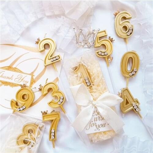 Digital candle 1234567890 Birthday cake decoration Crown set with diamond gold digital can, champagne and golden digital candles
