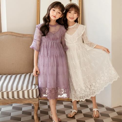 Princess Purple Lace Long Dress for Big Girl New 2020 Summer INS Girls Clothing 4 6 8 10 12 14 years white party dress o school