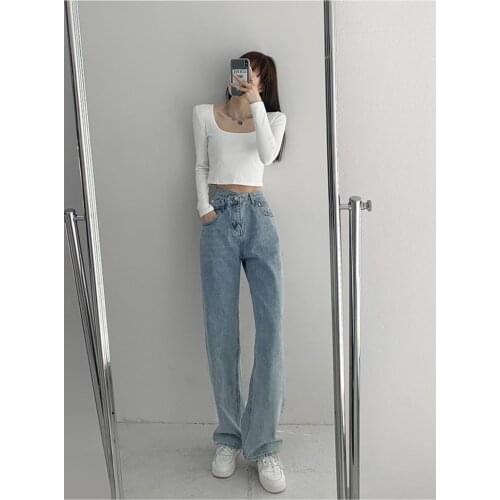 Streetwear Jeans Woman Fashion Female Trousers Retro Elegant High Waist Design Cross Waist Jean Womens Slim Straight Trousers