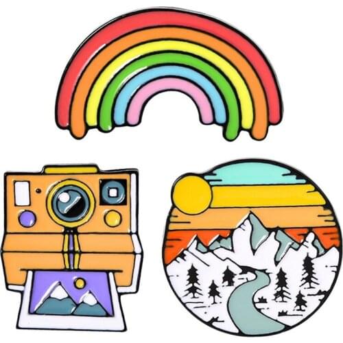 Rainbow Camera Mountains Enamel Pin Outdoors Brooch Sunset Landscape Photo Adventure Lapel Pin Wholesale Fashion Jewelry