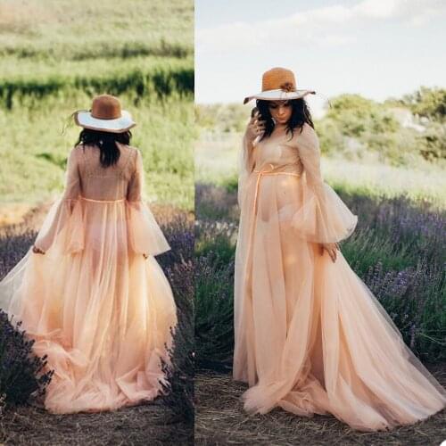 Fashion Evening Dresses Maternity Robes For Photo Shoot Custom Made Long Sleeves Lace Tulle Ruffled Maternity Gowns