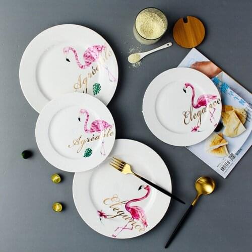 Hot Selling Flamingos Bone China Dishes Plate INS Pink Family Western Style Steak Plate Cake Plate Dinner Breakfast Dishes