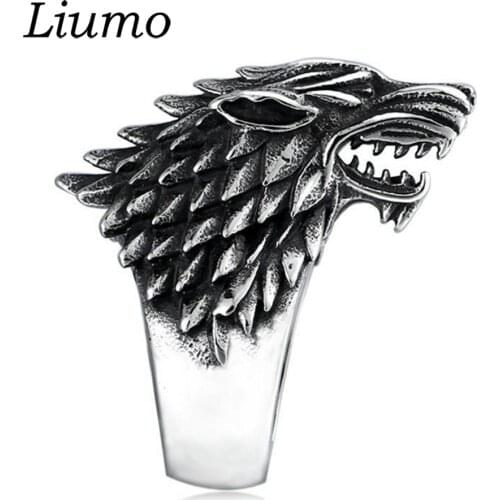 Liumo Vintage Silver Color Punk Style Wolf Viking Men Biker Alloy Statement Rings Lr1338