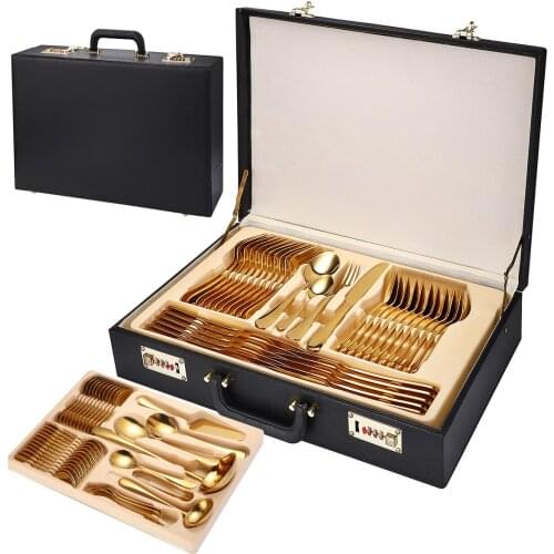 Luxury Gold Knife Fork Spoon Set Dinnerware Set Stainless Steel Table Cutlery Tableware 72 Piece Suitcase Flatware Set Gift