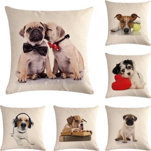 Dog Cushion Cover Pillow Cases Home Decor Animals Printing Cotton Linen Cute Dog Pillowcase 45x45cm