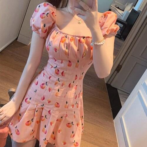 2021 New Summer Kawaii Dress Women One Piece Elegant Print Cherry Pink Mini Dress Female Sweet Korean Chiffon French Dress Lady