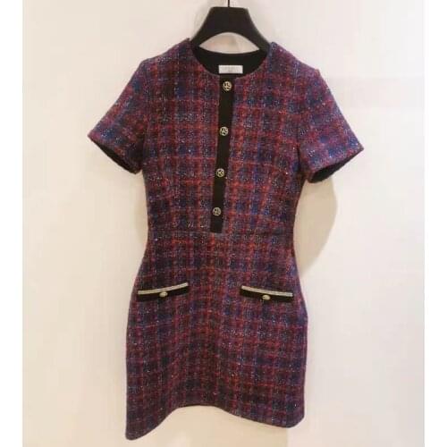 Autumn elegant woven pocket dress short sleeve round neck vintage slim casual office women clothes dress