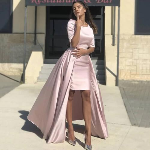 Eightree Half Sleeve Prom Dresses Arabic Satin Pink Evening Dress Detachable Train Gothic Formal Party Dresses abendkleider