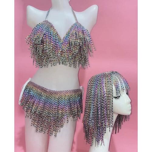 Rhinestone tassel bikini Nigthclub bar Festival rave Outfit wig singer DJ DS gogo show Stage dance costume