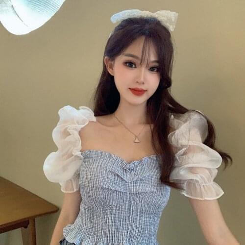 Women Blouse Shirt 2021 Summer Short Chiffon Puff Sleeve Short Sleeve Plaid Top for Women Blusas Ropa De Mujer