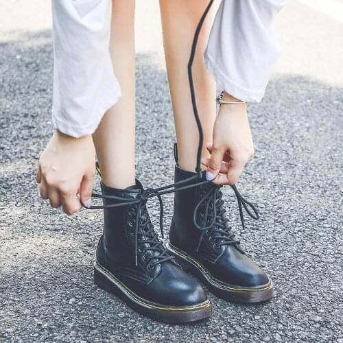 Size 35-42 Flat Platform Boots Women Shoes Autumn Winter Fur Fashion Round Toe Lace-up Leather Boots Ladies Shoes