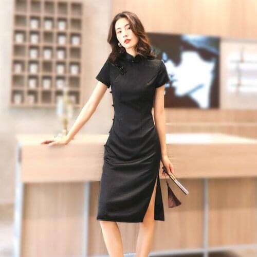 Sheng Coco Elegant Temperament Designer Cheongsam Dress Solid Color Black Soft Chinese Style Qipao Sexy Plus Size