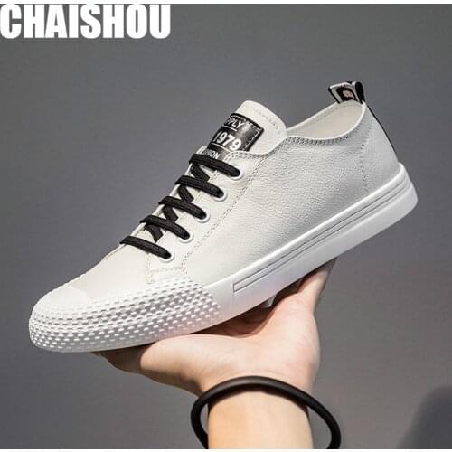 Spring New Genuine Leather Men Casual Shoes Breathable Wear Resistant Shoes Comfortable White Round Toe Lace up Flat Snekaers