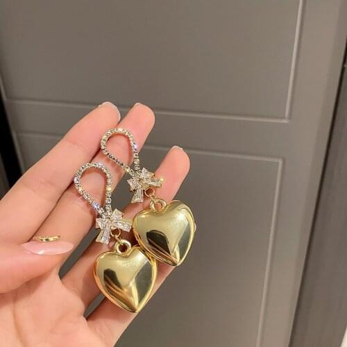 Exaggerated Shiny Gold Metal Big Heart Drop Earrings Geometric Elegant Zircon Crystal Bow Knot Dangle Earring Fashion Jewelry