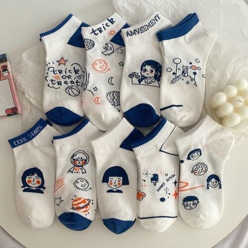 Summer Thin Socks Cute Japanese Style Ankle Socks Tidal Blue Low Top Socks Women 's Korean Style 6 Pairs