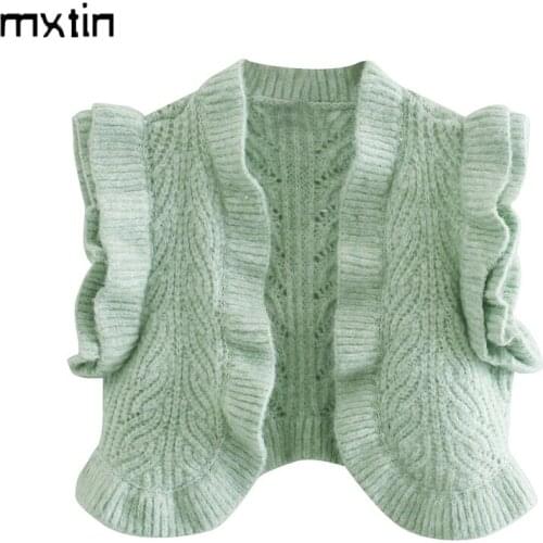 MXTIN 2021 Women Vintage Sweet Ruffle Green Cardigan Knitted Vest Sweater Fashion V Neck Sleeveless Female Waistcoat Chic Tops